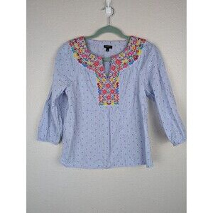 Talbots Blouse Womens Petite Medium Blue Embroidered Tunic Split Neck 3/4 Sleeve